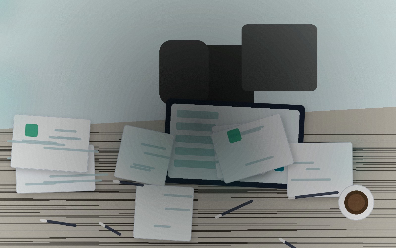 Vue de bureau avec documents, ordinateur et processus administratif